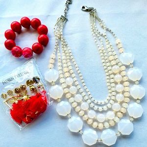 Fashion Jewelry Vintage White Multi Strand Necklace Red Bracelet New Earrings